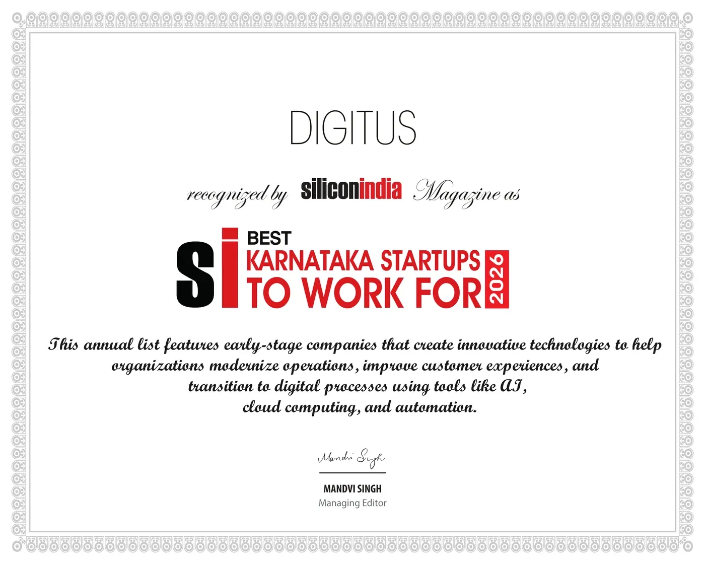 Certificate: Digitus recognised by siliconindia Magazine as a Best Karnataka Startup to Work For 2026