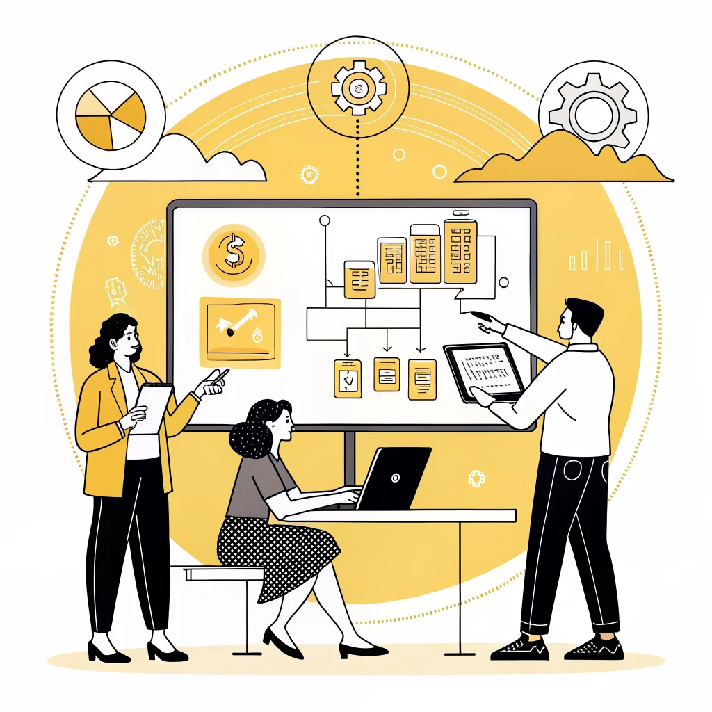 Illustration of a team at a whiteboard mapping connected systems, gears, and data flows over one platform