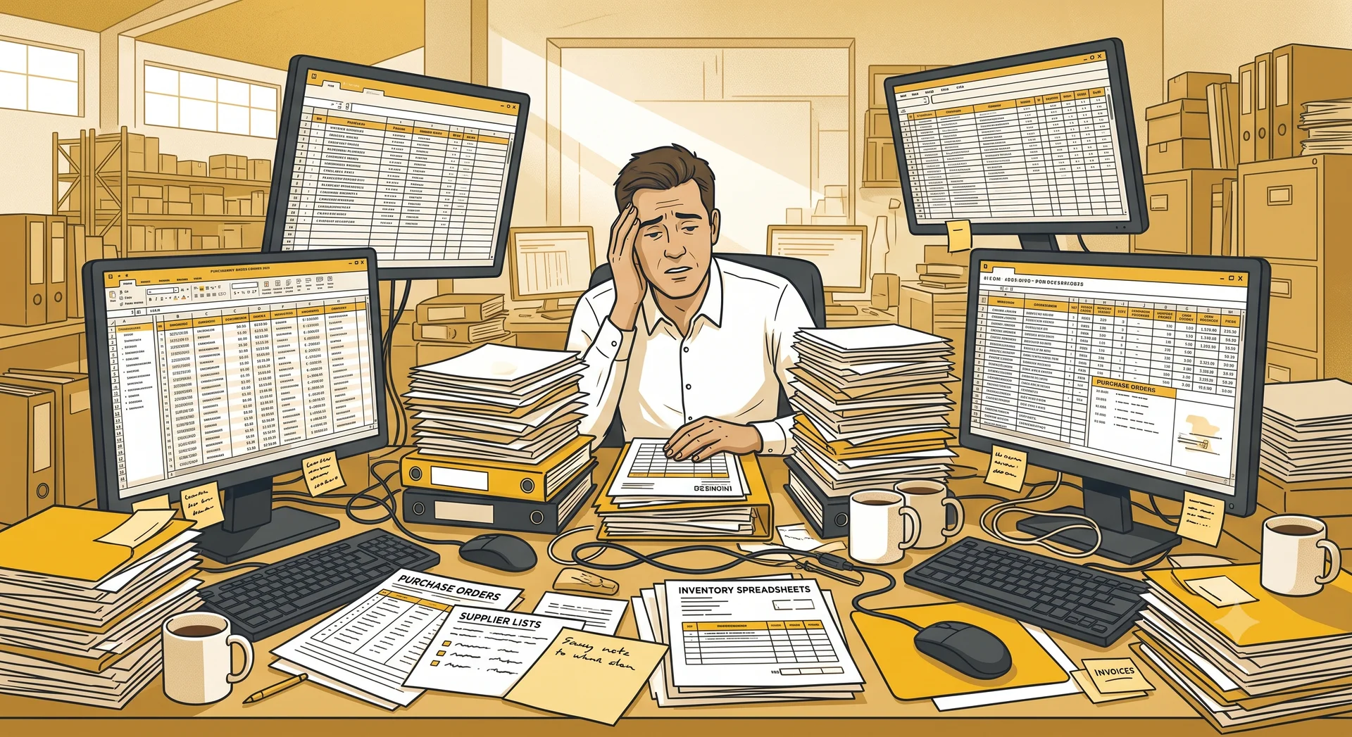 Illustration of a procurement manager overwhelmed at a desk buried in spreadsheets, purchase orders, supplier lists, and invoices across several monitors