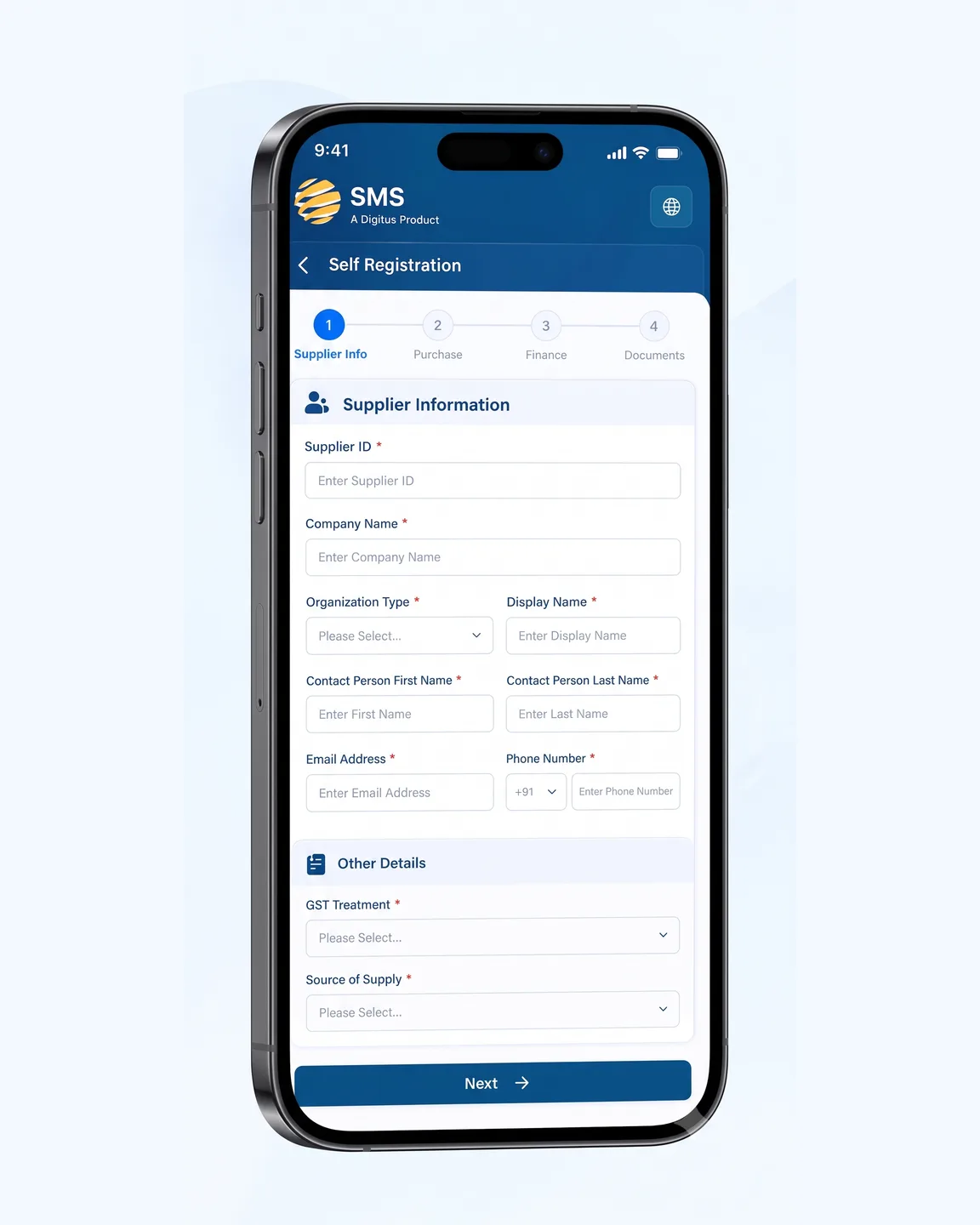 The Supplier Management Solution mobile app on a phone: the supplier self-registration form with supplier information and other details