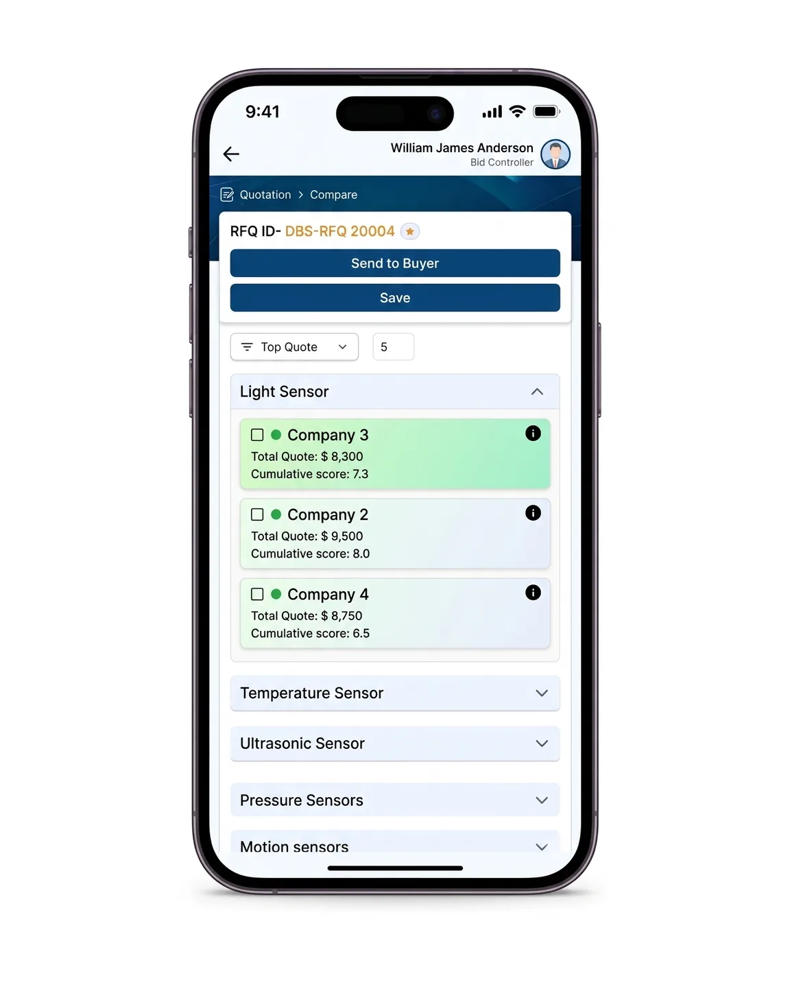 The Supplier Management Solution mobile app on a phone: quotation comparison for an RFQ, with the total quote and cumulative score of each supplier